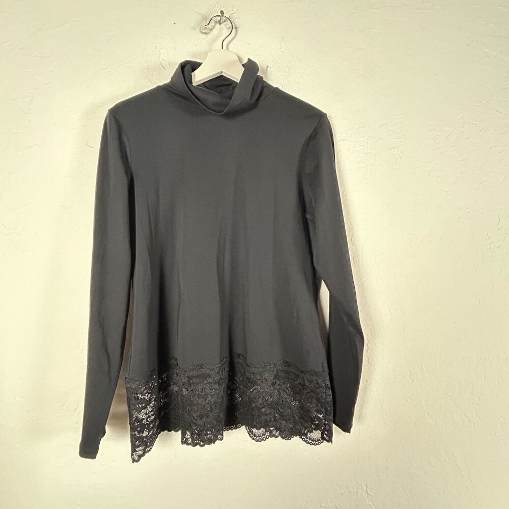Sundance Womens Black Turtleneck Long Sleeve Lace Hem Top PL Stretch Casual New